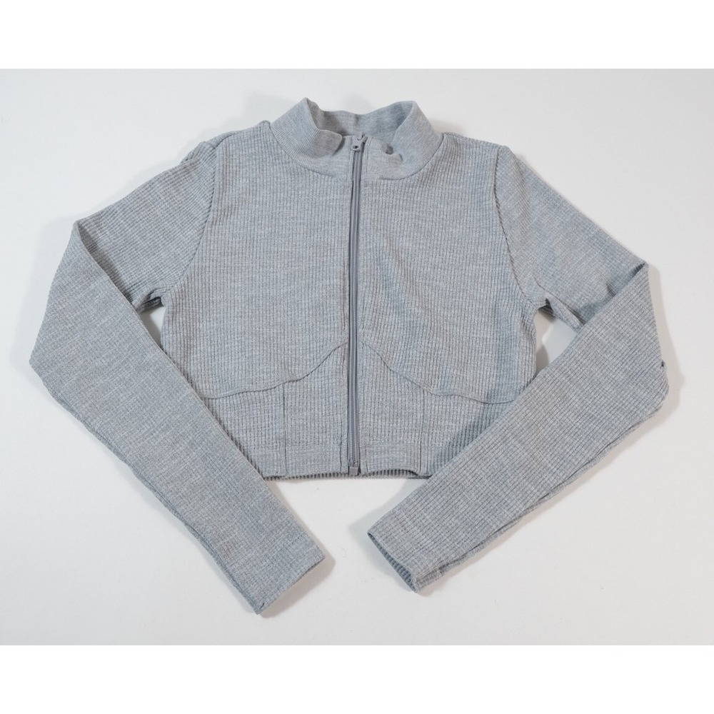 Forever 21 Zip Front Top Womens Medium Gray Ribbed Knit Long Sleeve Crop Juniors